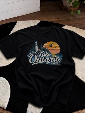 Lake Ontario Shirt, Outdoor Graphic Tee - Black Vintage Sunset Unisex